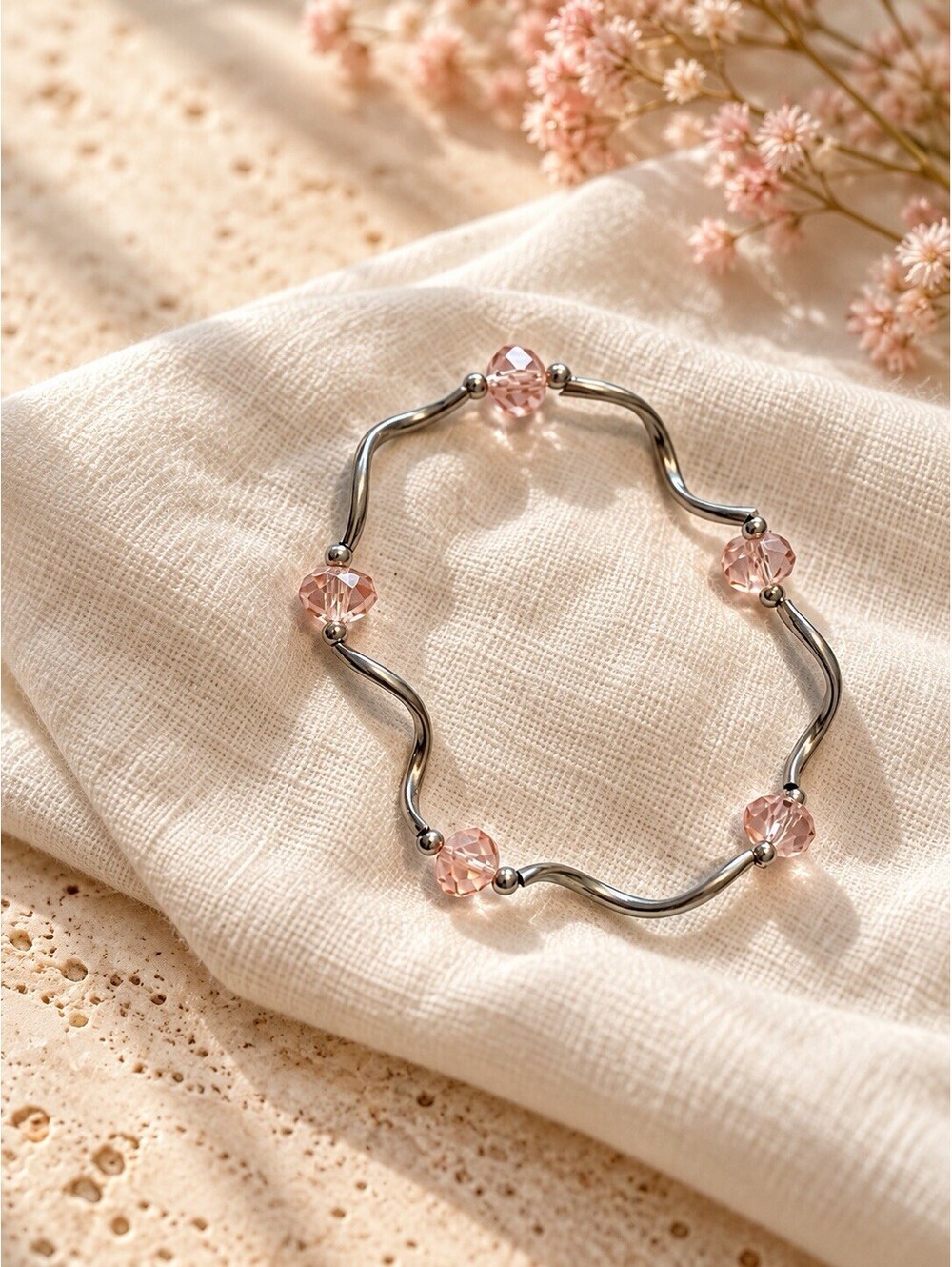 Pink Faceted Bead Stretch Bracelet Silver Tone Wavy Design